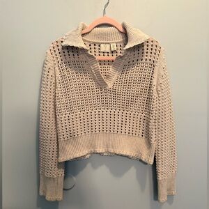 Joie Cream Open Knit Collared Cropped Sweater Medium